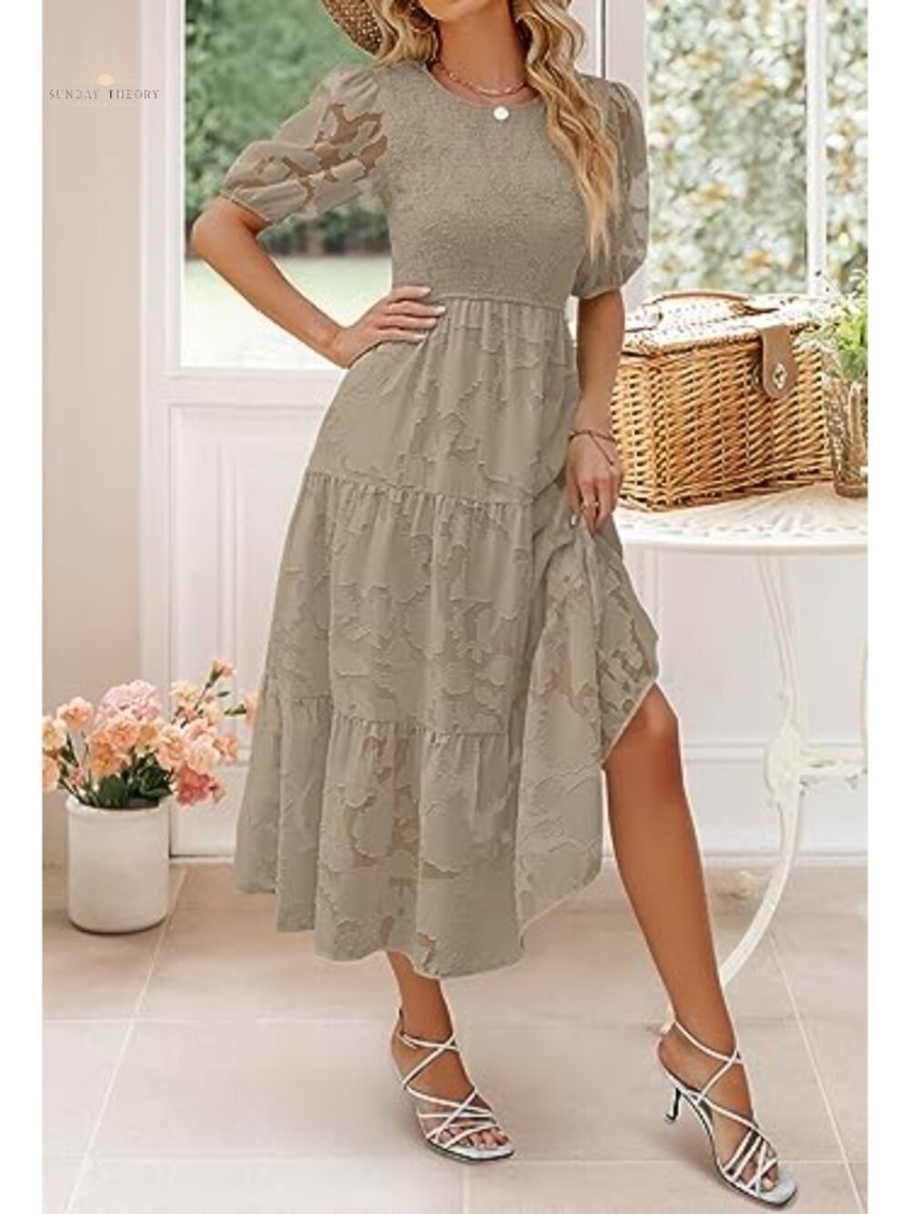 Women's Floral Lace Maxi Dress Puff Sleeve Smocked Wedding Guest - Picture 2 of 6